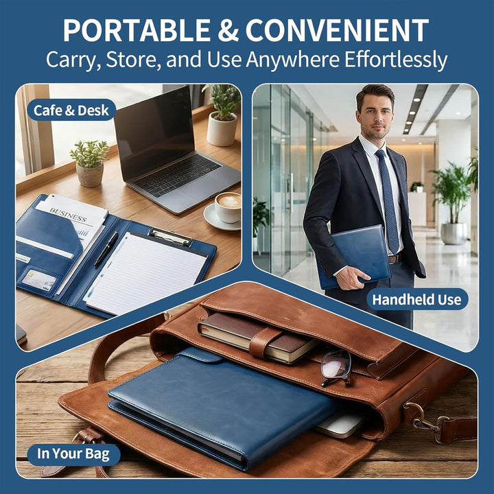 Klemmbrettmappe A4 aus PU-Leder, Magnetische Faltbare Clipboard Schreibmappe mit Deckel, Stiftehalte
