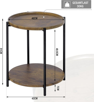WOLTU Couchtisch rund, Beistelltisch mit 2 Ablagen, Wohnzimmertisch mit Abnehmbarer Tischplatte, Nac