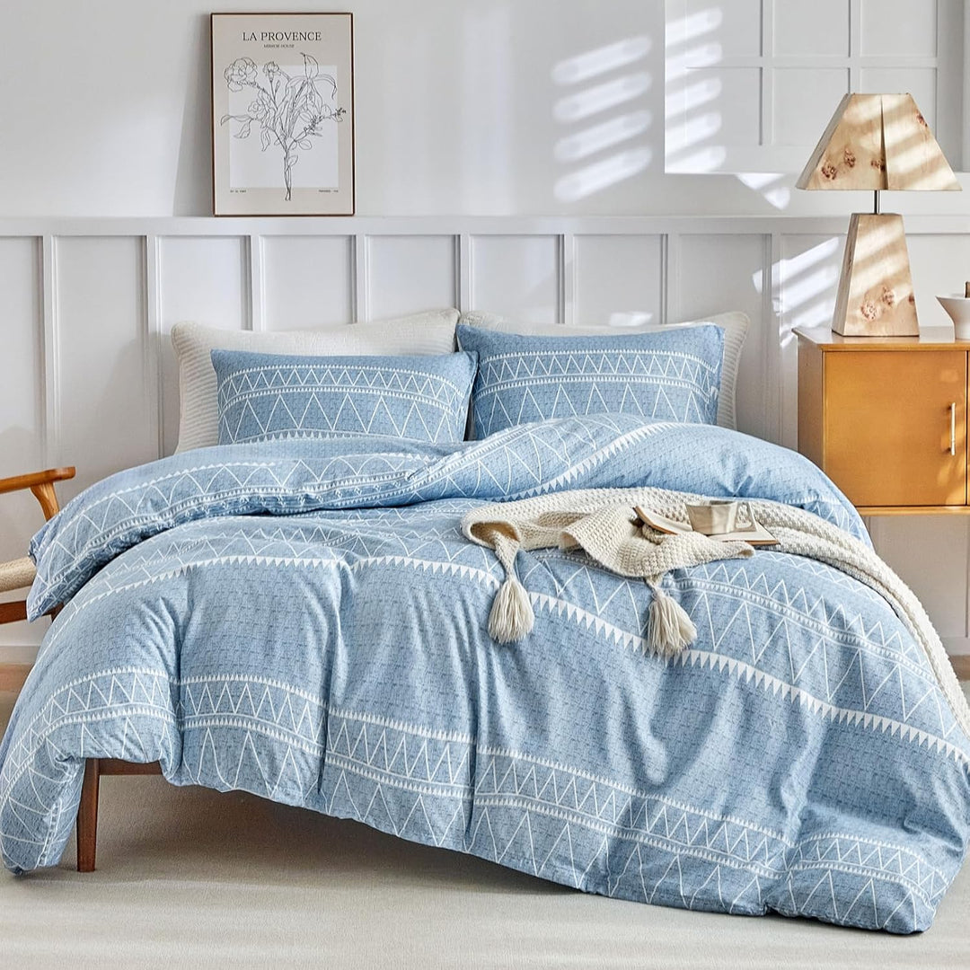 Lekesky Bettwäsche 220x240 3teilig + 2 Kissen 80x80, Boho Blau Linien | 1 Bettbezug 220x240, 2 Kisse