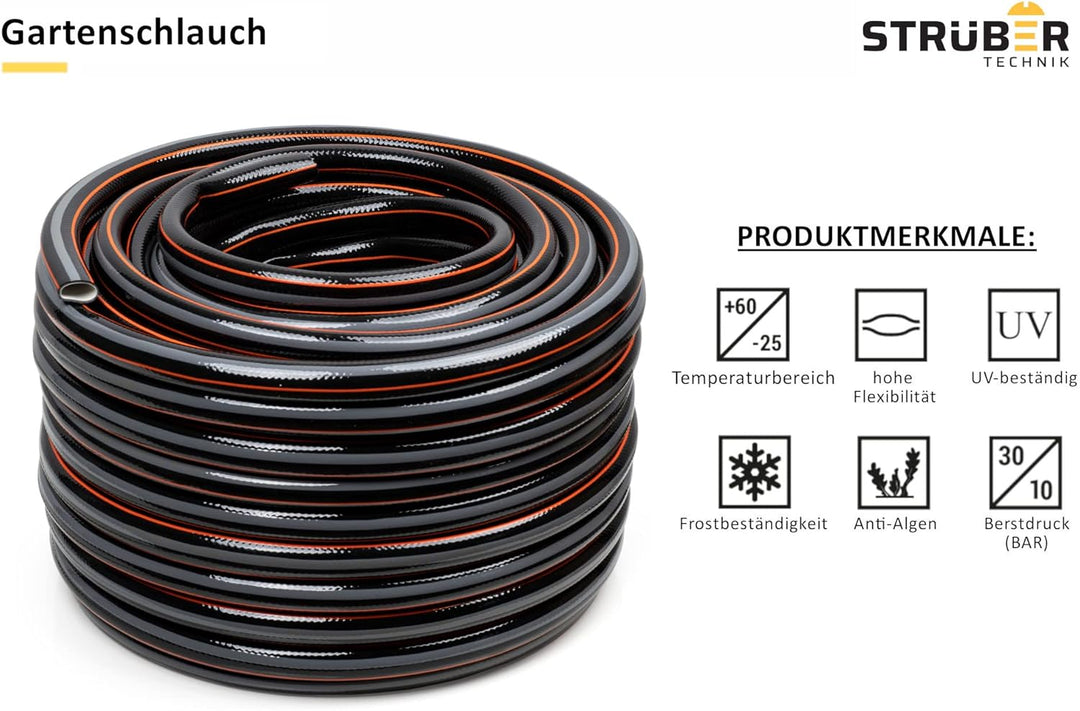 STRÜBER Gartenschlauch 4-lagig (3/4" Zoll – 25 m Länge) CARBON Bewässerungsschlauch mit Kreuzgewebe