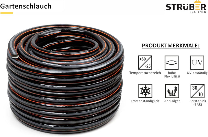 STRÜBER Gartenschlauch 4-lagig (3/4" Zoll – 25 m Länge) CARBON Bewässerungsschlauch mit Kreuzgewebe