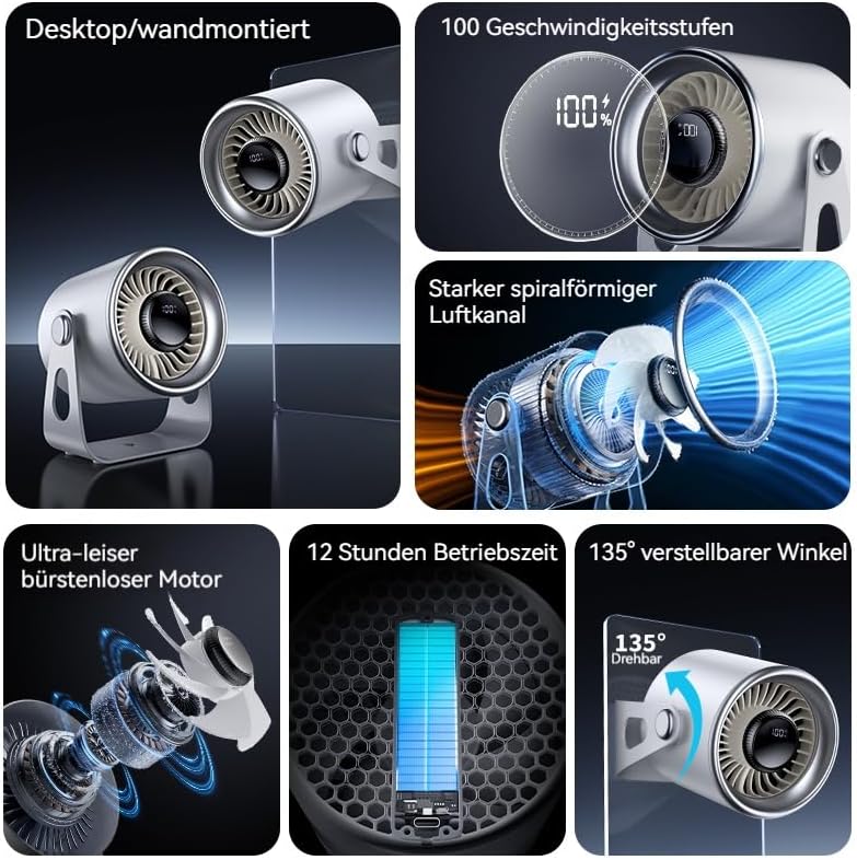 Tischventilator sehr leise mit digitalem Display, Turbo-Ventilator 100-stufig einstellbar & 135° nei