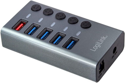 LogiLink UA0386 - USB 3.2 Gen 1 Hub, 4 Ports + 1x Schnell-Ladeport, EIN/Aus-Schalter, Aluminium 4+1,