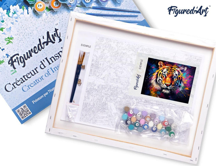 Figured'Art Malen Nach Zahlen Erwachsene Mit Rahmen Tiger Farbenfroh Abstrakt - Paint by Numbers Bas