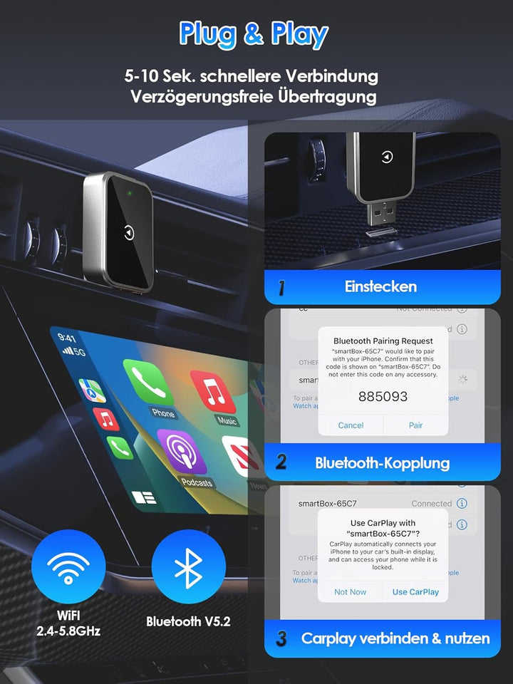 Wireless CarPlay Adapter – PARPAT Kabellose Umwandlung via USB/Type-C, Kompatibel mit iPhone, Stabil