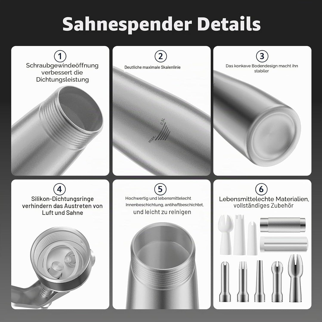 ENLOY Professioneller Aluminium-Sahne-Spender, 500 ml, Schlagsahnebereiter, Kanister mit 8 Dekoratio