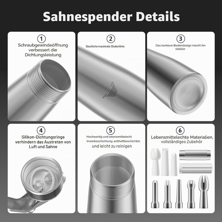ENLOY Professioneller Aluminium-Sahne-Spender, 500 ml, Schlagsahnebereiter, Kanister mit 8 Dekoratio