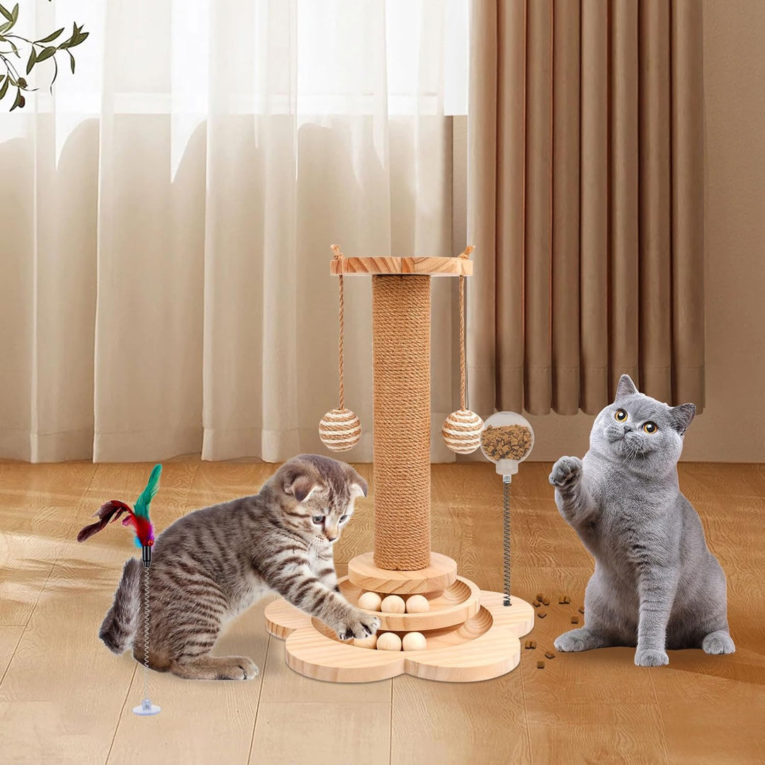 Interaktives Katzenspielzeug aus Holz,2-lagiger Drehteller Interaktives Katzen Spielzeug,3-in-1 Holz