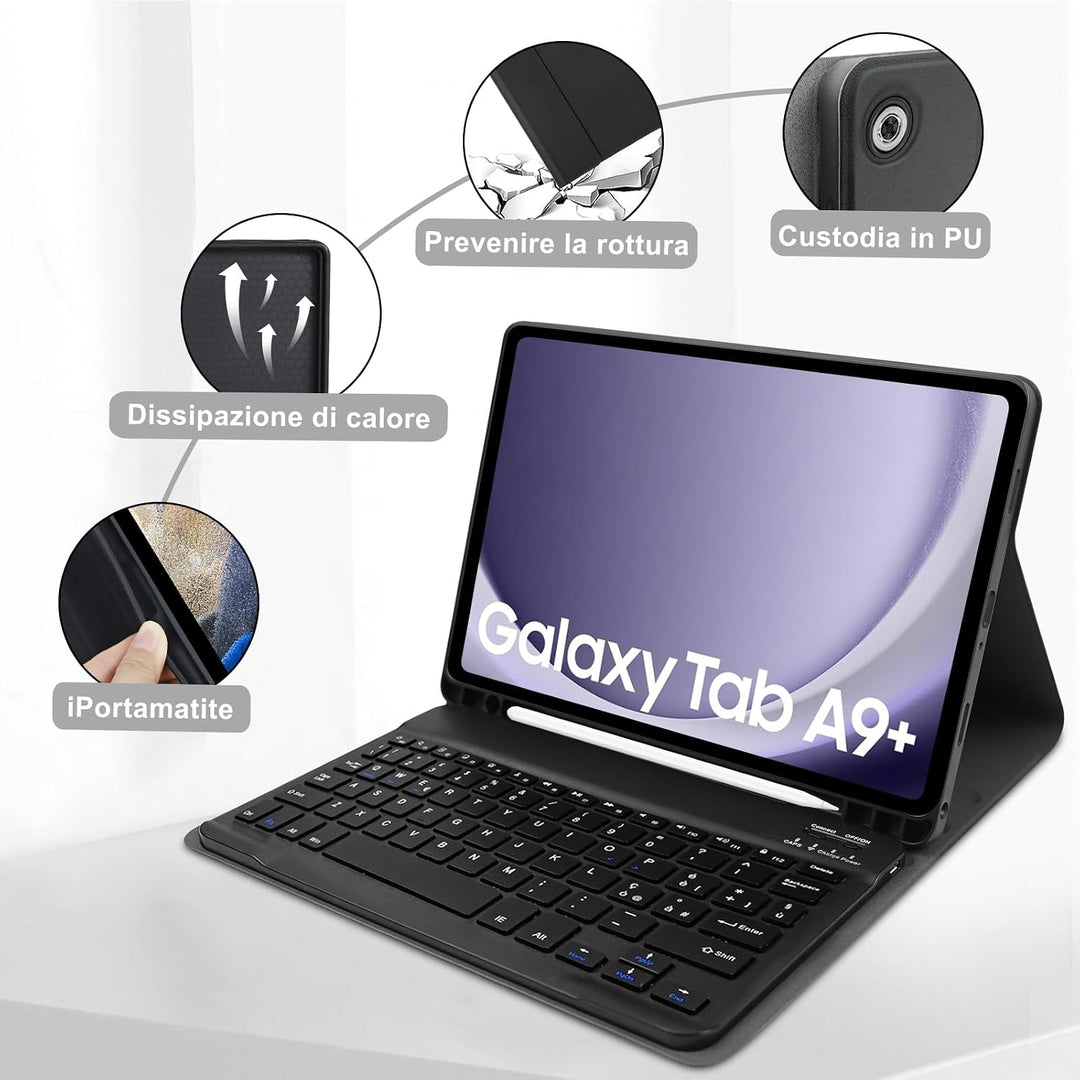 Schutzhülle mit Tastatur für Samsung Galaxy Tab A9 Plus, Italienische QWERTY Bluetooth-Tastatur für