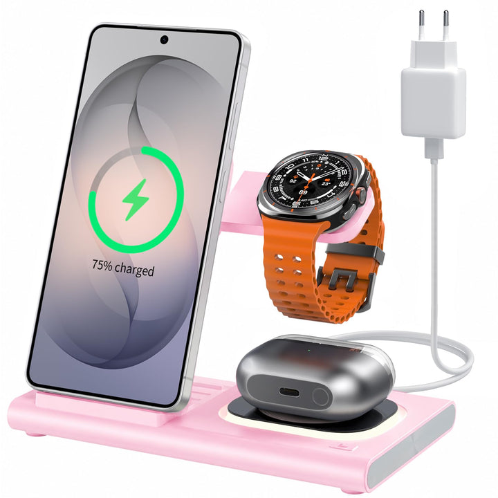 3 in 1 Ladestation für Samsung Induktive Ladestation [Faltbar &amp; Nachtlicht] rose, rose