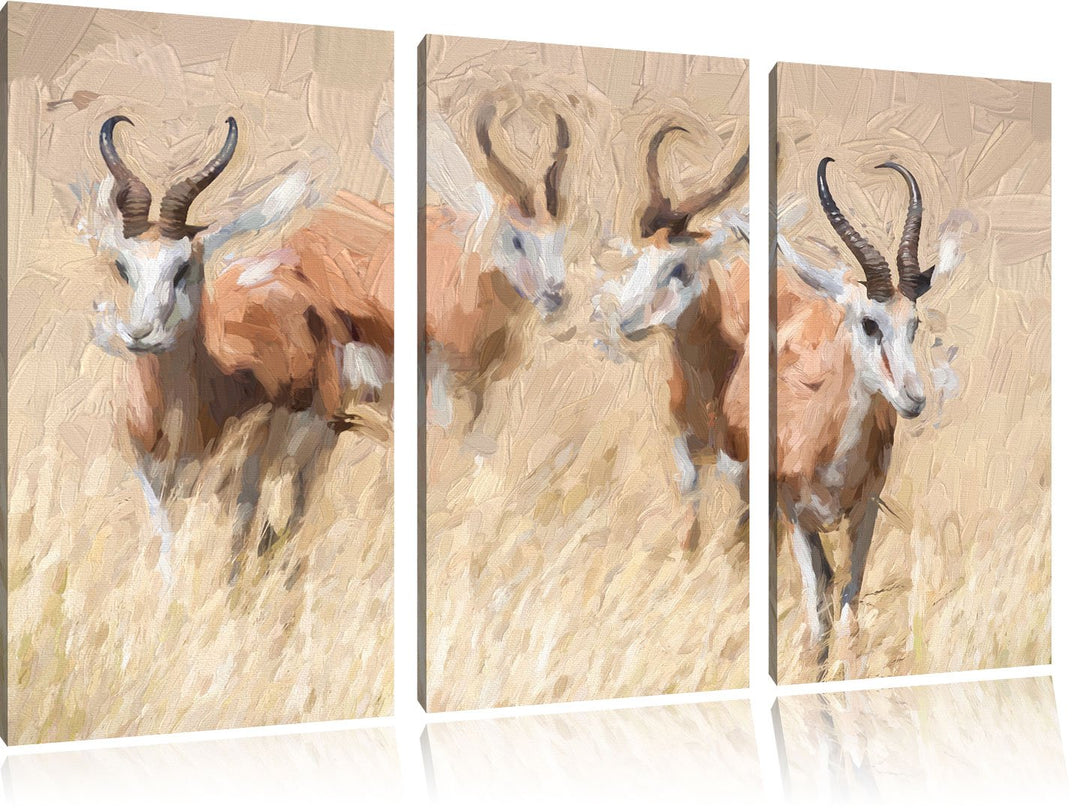 Pixxprint Tiere in Savanne als Leinwandbild/Grösse: 3 Teilig (120x80) cm/Wandbild/Kunstdruck/fertig