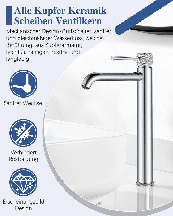 Wasserhan Bad Hoch Waschbecken Armatur Waschtischarmatur Einhebelmischer Einhand Mischbatterie Chrom