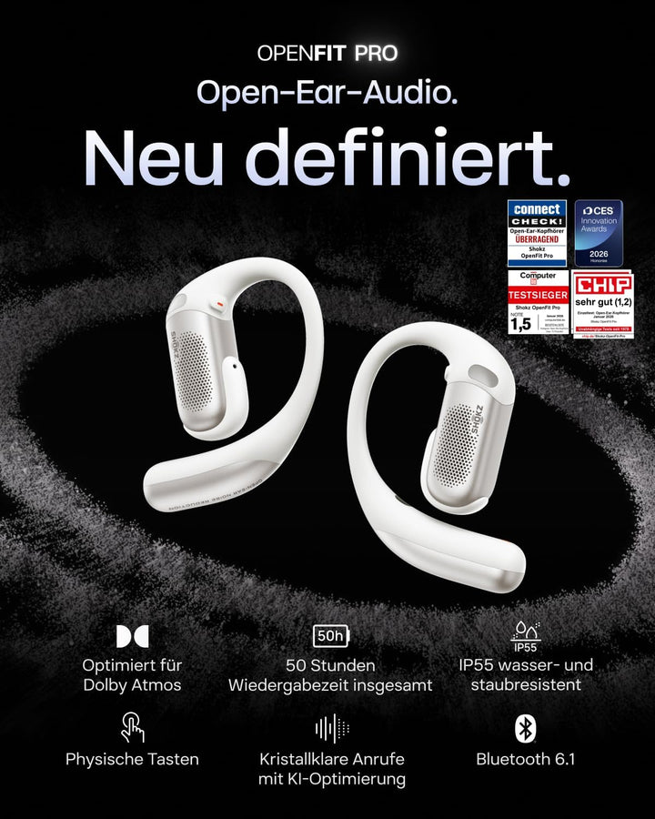 SHOKZ OpenFit Pro Open-Ear-Kopfhörer mit Open-Ear Geräuschreduzierung, Optimised for Dolby Atmos, Ti
