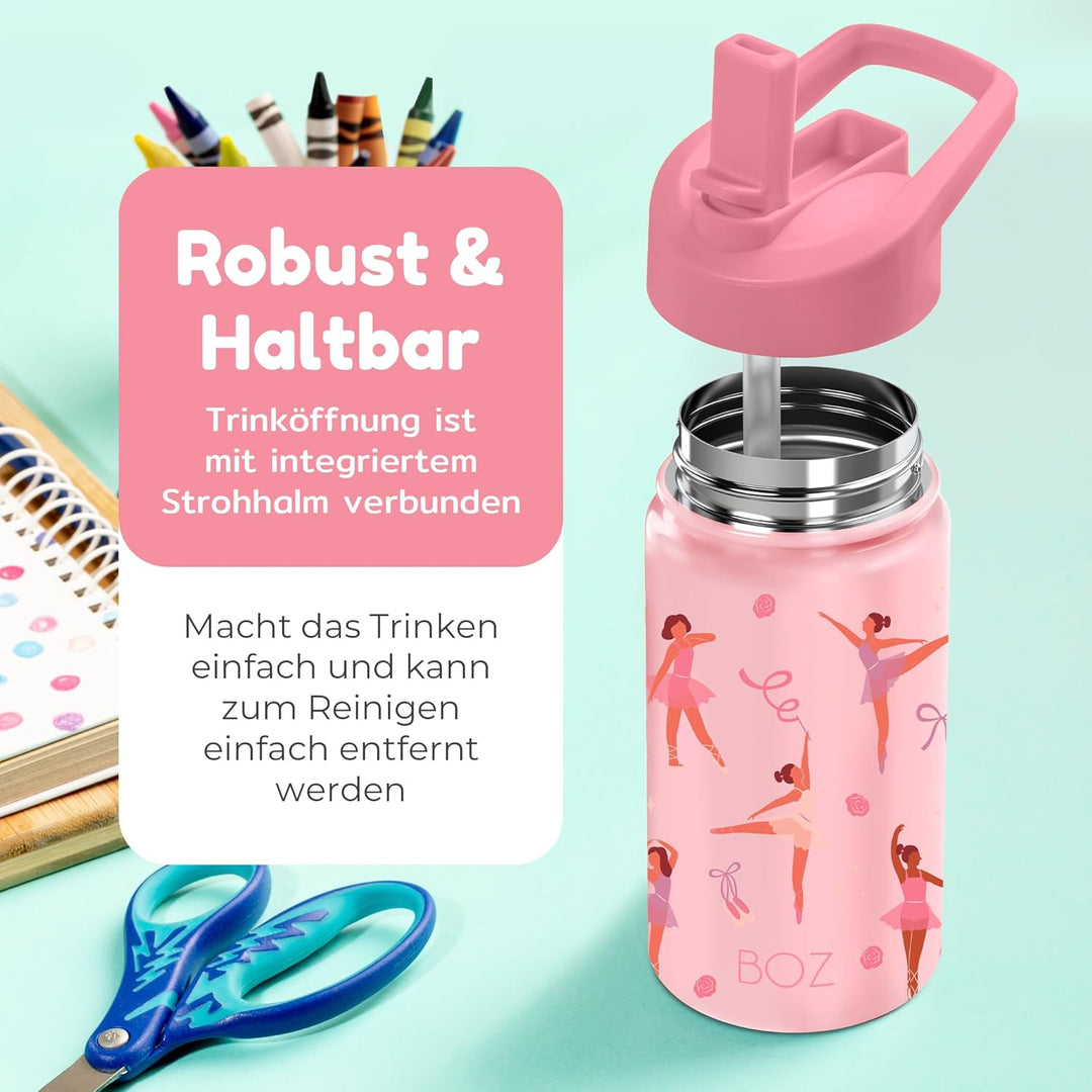 BOZ Trinkflasche mit Strohhalm Kinder, Doppelwandig Vakuumisolierte Edelstahl Kindertrinkflaschen fü