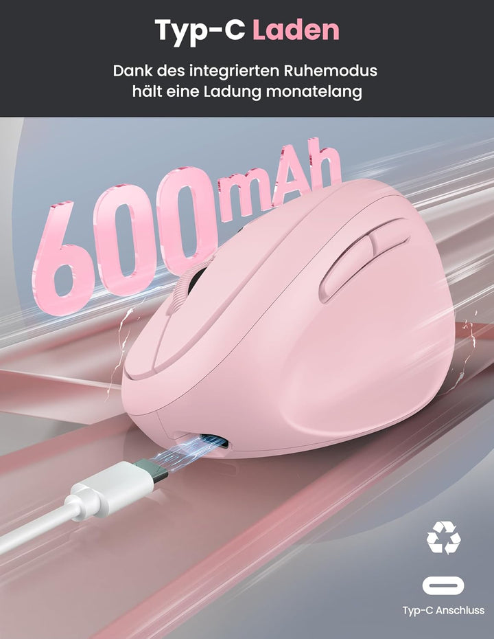 TECKNET Ergonomische Maus Bluetooth, Wiederaufladbar Maus Kabellos mit 3 Gerät (BT 5.0/3.0 + 2.4G),