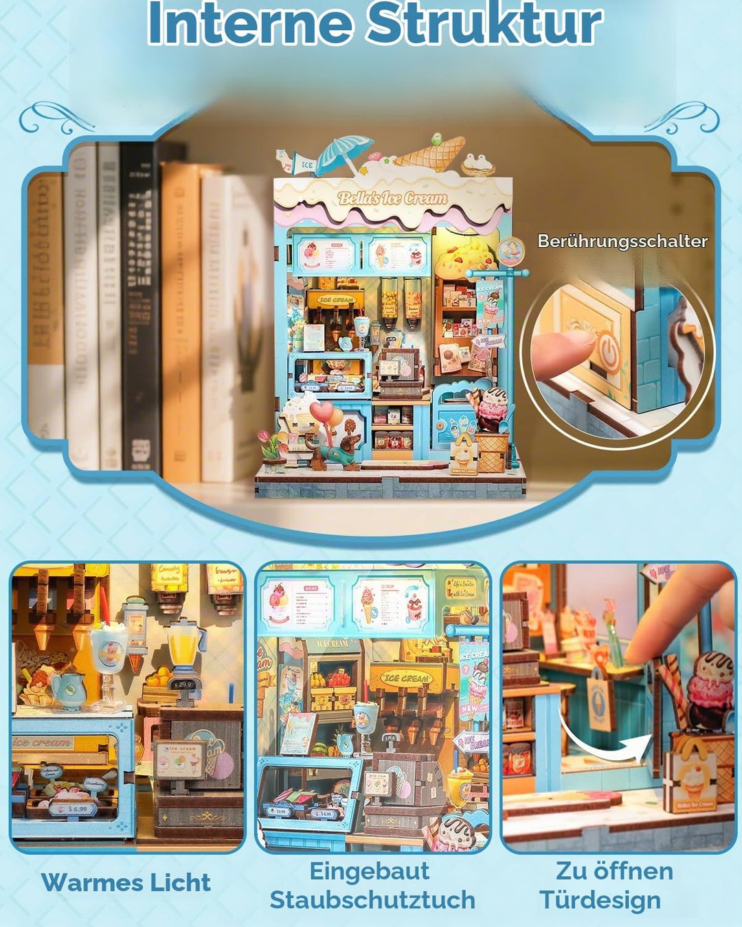 CUTEBEE Sommerliche Süsse 3D-Puzzle Book Nook - Eisgeschäft-Thema Puppenhaus-Set, traumhaft bunt, zu