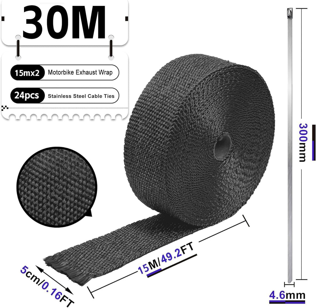 Foneso Hitzeschutzband Schwarz, 30M Hitzeschutzband Auspuff mit 24 Schwarz Edelstahl Kabelbinder, fü