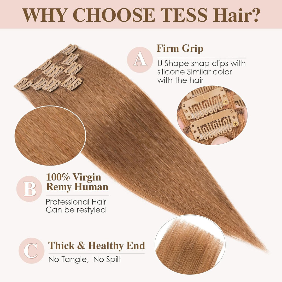 TESS Clip in Extensions Echthaar, 8pcs Clip in Haarverlängerung Remy Echt Haare Natürliche 18 Clips