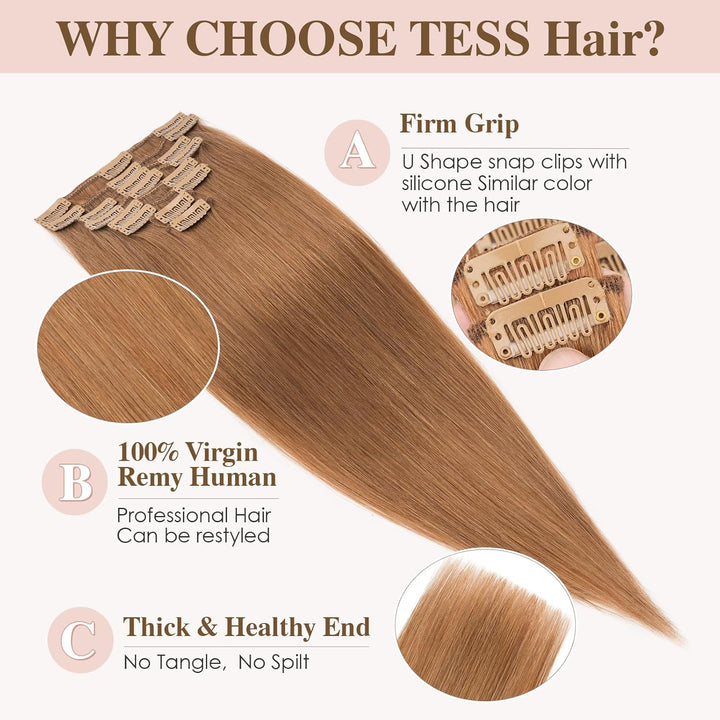 TESS Clip in Extensions Echthaar, 8pcs Clip in Haarverlängerung Remy Echt Haare Natürliche 18 Clips