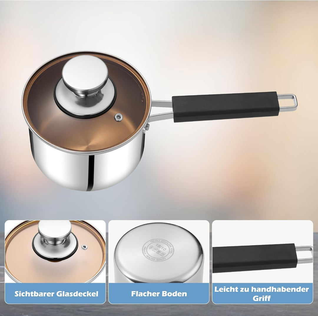 Herogo Stainless Stielkasserolle 16cm, Dreifach-Edelstahl- Milchtopf mit Glasdeckel, kleiner Kochtop
