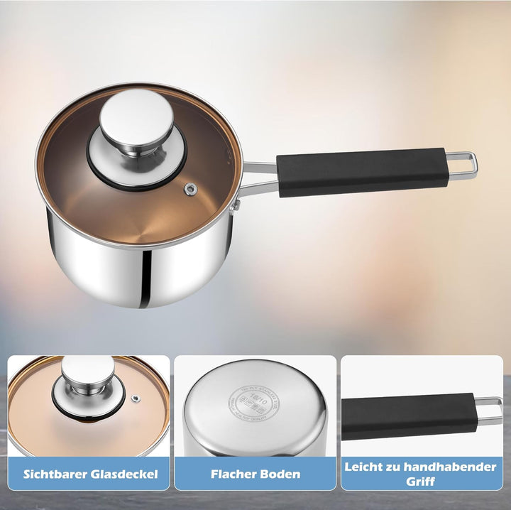 Herogo Stainless Stielkasserolle 18cm, Dreifach-Edelstahl- Milchtopf mit Glasdeckel, kleiner Kochtop