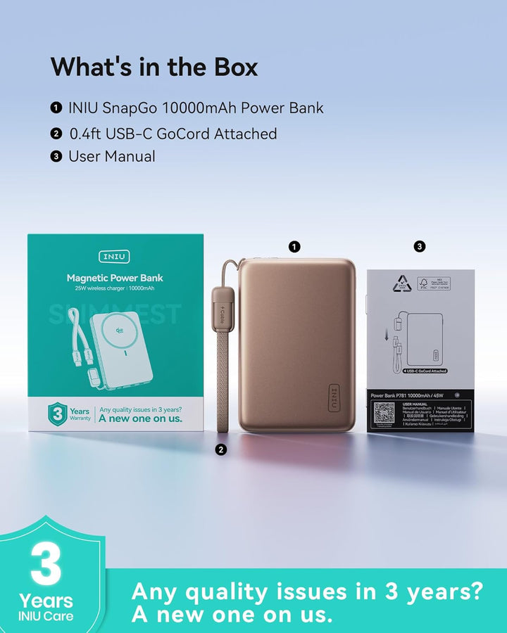 INIU for MagSafe Power Bank, Dünnste 10000mAh Qi2 25W Kabelloses &amp; 45W USB C Ultraschnelles Externe