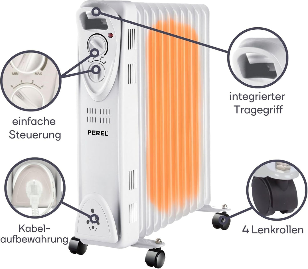 Perel 2500W Ölradiator mit 11 Rippen, 3 Heizstufen, einstellbarem Thermostat, Griff, Rädern, Überhit