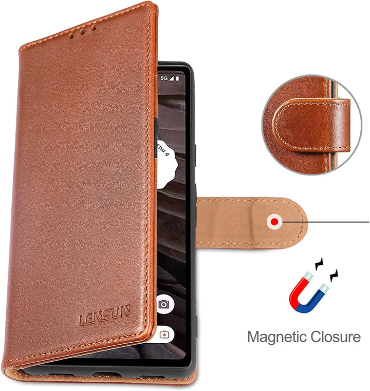 LENSUN Echtleder Hülle für Google Pixel 7a, Handyhülle [Echtes Leder] [Magnetverschluss] [Standfunkt