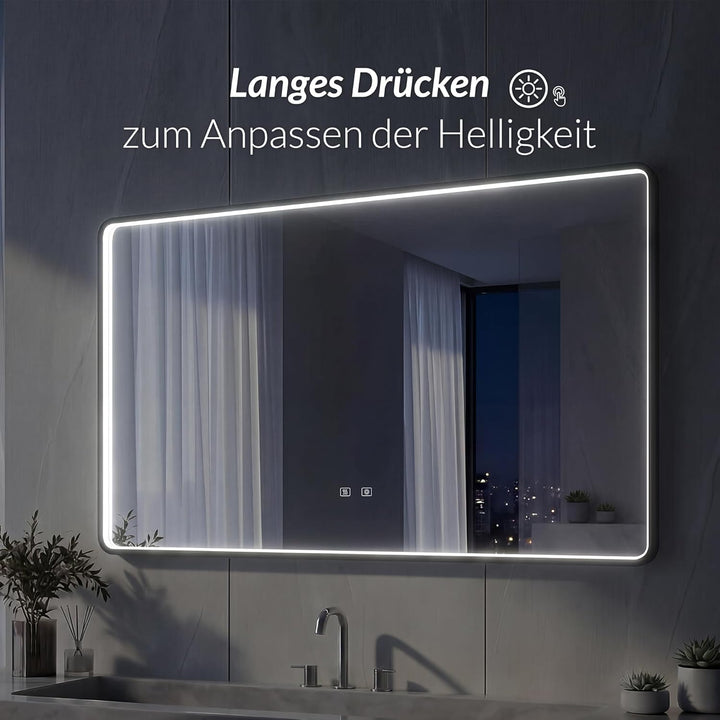 LED Badspiegel mit Aluminiumrahmen, 5mm Kupferfreier HD Silber-Spiegel, 3 Lichtfarben Dimmbar, Wands