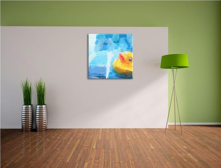 Quietsche Ente im Wasser, Format: 70x70 auf Leinwand, XXL riesige Bilder fertig gerahmt mit Keilrahm