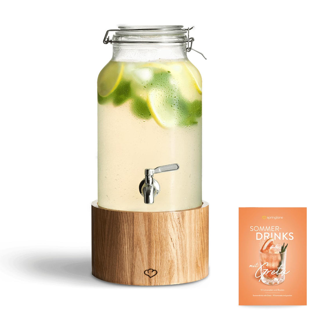 SPRINGLANE Glas Getränkespender 5 L Greta mit Edelstahl-Zapfhahn & Ständer aus Eichenholz, Limonaden