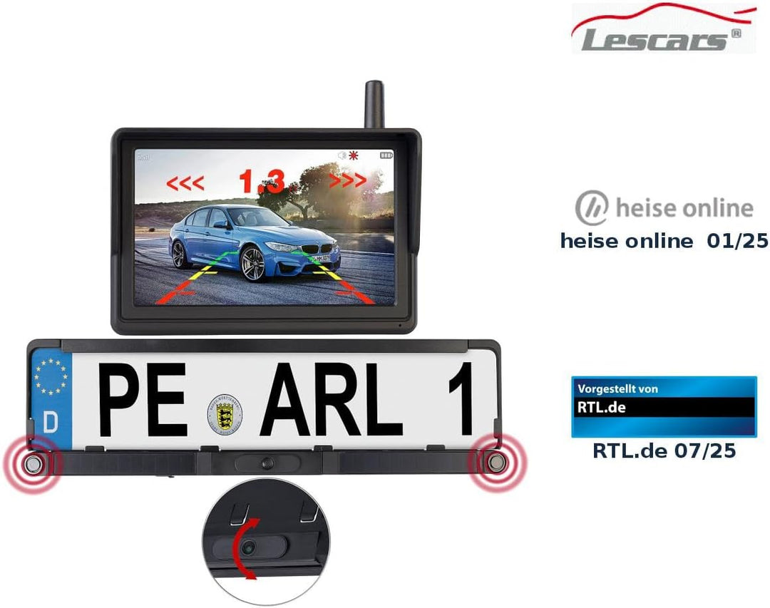 Lescars Rückfahrkamera: Solar-Funk-HD-Rückfahrcam Nummernschildhalter, Monitor, Abstandswarner (Rück