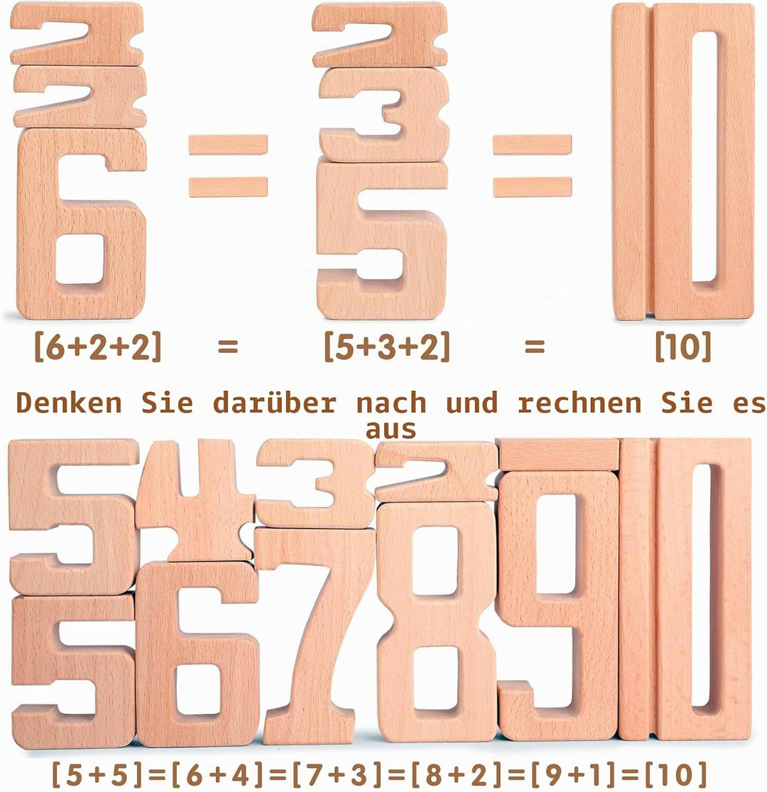 Holz Zahlbausteine, Grosse Ziffernblöcke 1-10,10 Stück Mathebausteine | Zahlenspiele für Kinder, Bil