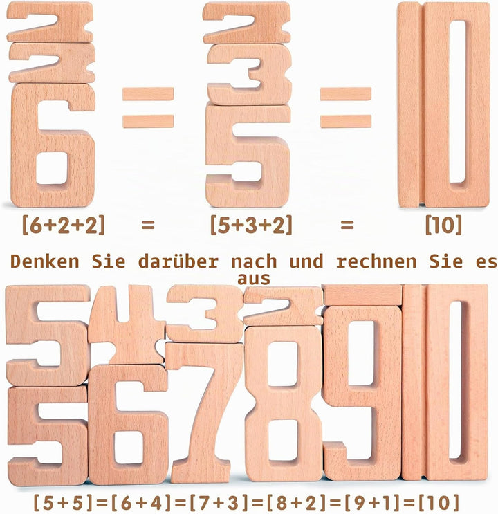 Holz Zahlbausteine, Grosse Ziffernblöcke 1-10,10 Stück Mathebausteine | Zahlenspiele für Kinder, Bil