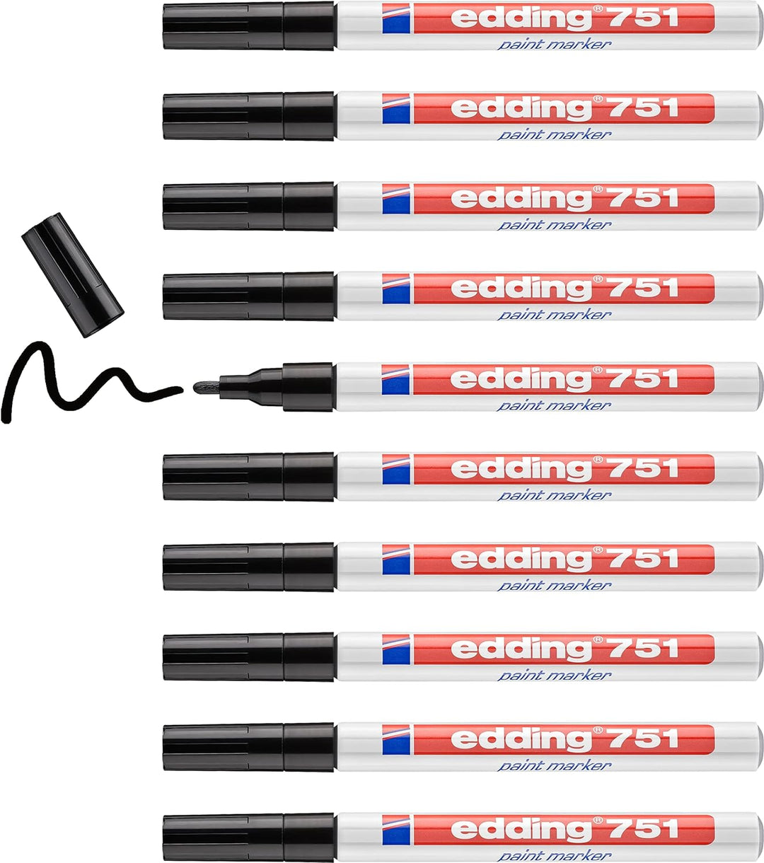 edding 751 Lackmarker - schwarz - 10 Stifte - Rundspitze 1-2 mm - Lackstift zur Markierung und Besch