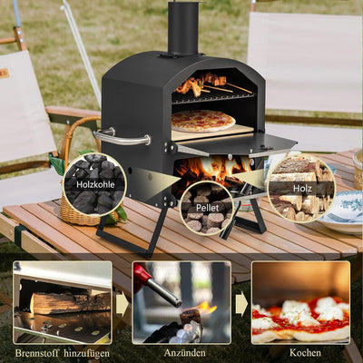 GYMAX Tragbarer Pizzaofen, Pizzabäcker mit klappbaren Beinen & Griffen, holzbefeuerter Pizzagrill mi