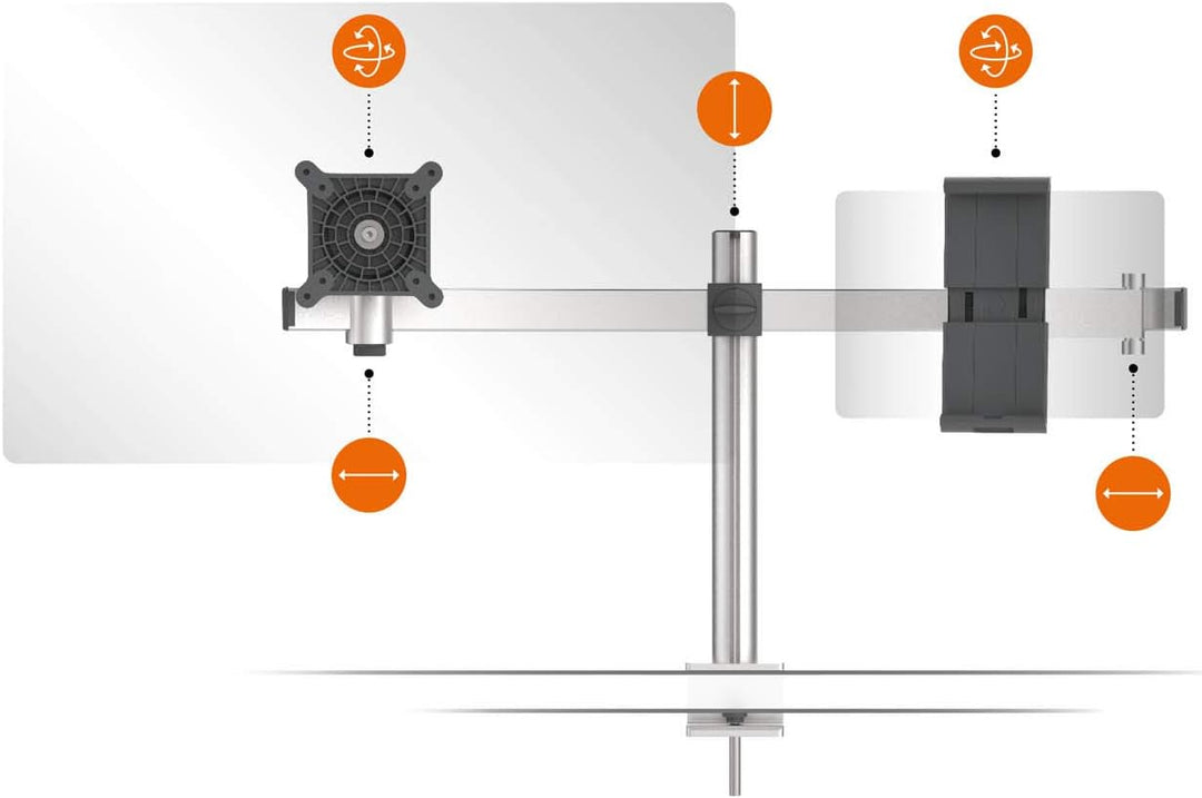 Durable Tischhalter für 1 Monitor 21-27" und 1 Tablet 7-13", mit Tischklemme, 360° drehbar, neigbar,