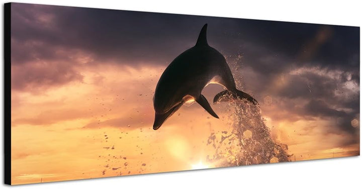 Paul Sinus Art Panoramabild auf Leinwand und Keilrahmen 150x50cm Meer Delfin Sprung Sonnenuntergang