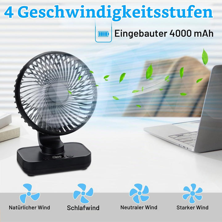 USB Tischventilator Oszillierend, Mini Ventilator Sehr Leise mit 4000mAh Batterie, Persönlicher Tisc