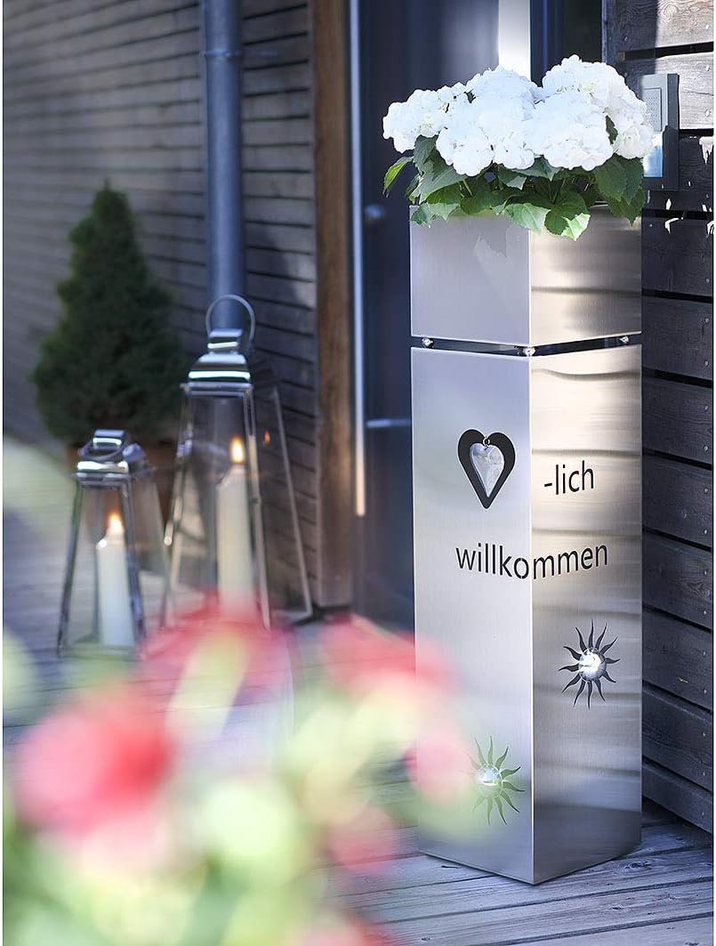Pflanzsäule Gartensäule Blumensäule Dekosäule mit Schale -Herz- Edelstahl 100 cm Silber, Silber