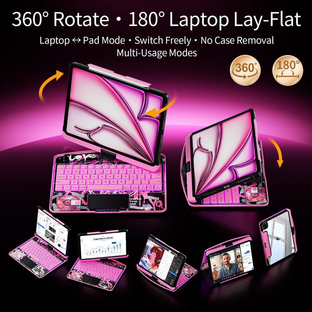Uminy Klare Tastaturhülle für iPad 10,2 Zoll mit 360° Drehung, Rosa | 7-farbige Hintergrundbeleuchtu