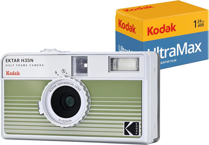 KODAK EKTAR H35N Halbformat-Filmkamera-Set mit Kodak Ultramax 24EXP-Rollfilm (Grün gestreift) grün g