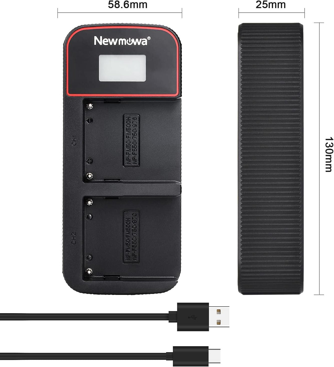 Newmowa NP-F550 Ersatzakku (2er-Pack) und Smart LCD Display Dual USB-Ladegerät für Sony NP-F550 und