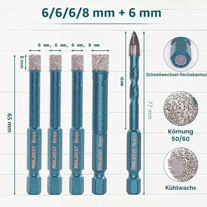 Diamantbohrer Fliesenbohrer 6/6/6/8mm+6mm 5 stücke Lochsäge Fliesen für Porzellan Fliese Keramik Gra