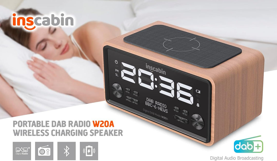 Inscabin W20A DAB/DAB+ FM Digital-Radiowecker mit Kabelloses Laden/grossem Bildschirm, tragbarer kab