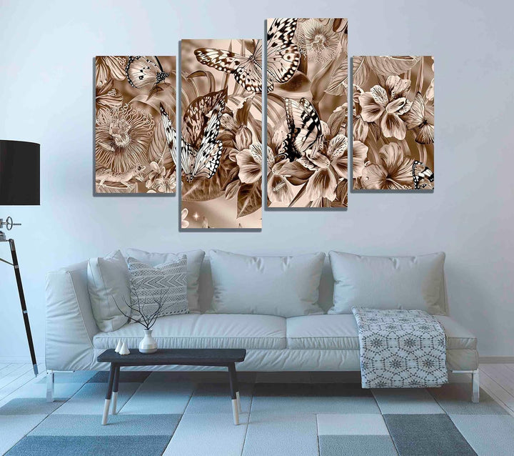 Kunstdruck auf Leinwand, abstrakt, Schmetterlinge und Blumen, 89 x 56 cm, Braun 89cm x 56cm (35 x 22