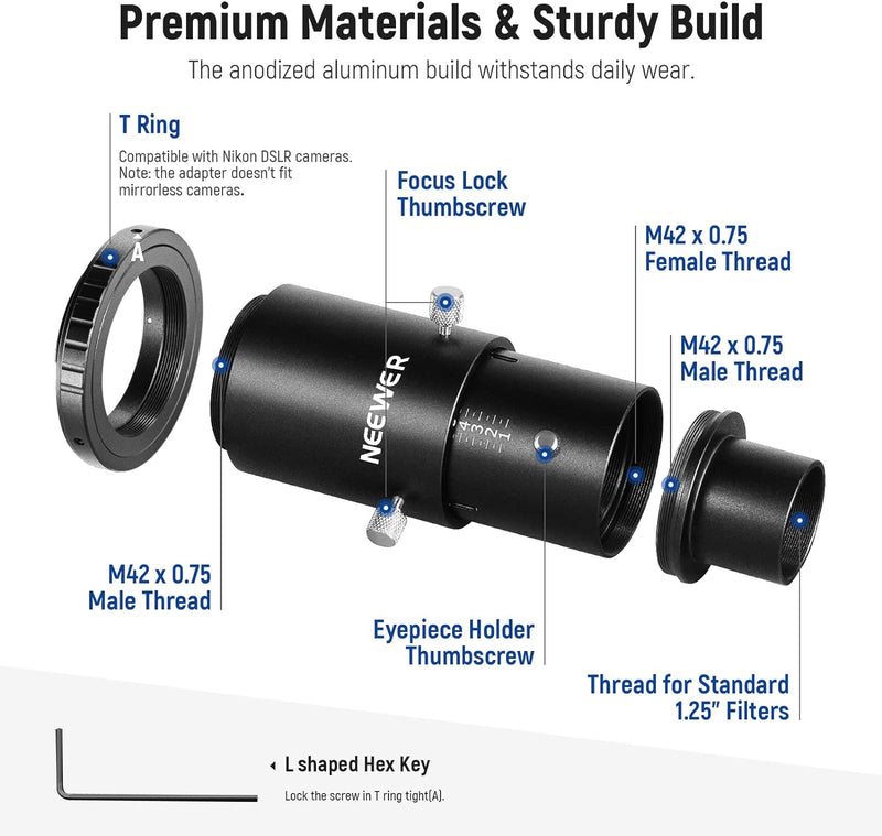 NEEWER Variabler 1,25" Teleskop Kameraadapter und 1,25" Verlängerungsrohrset, kompatibel mit Nikon D