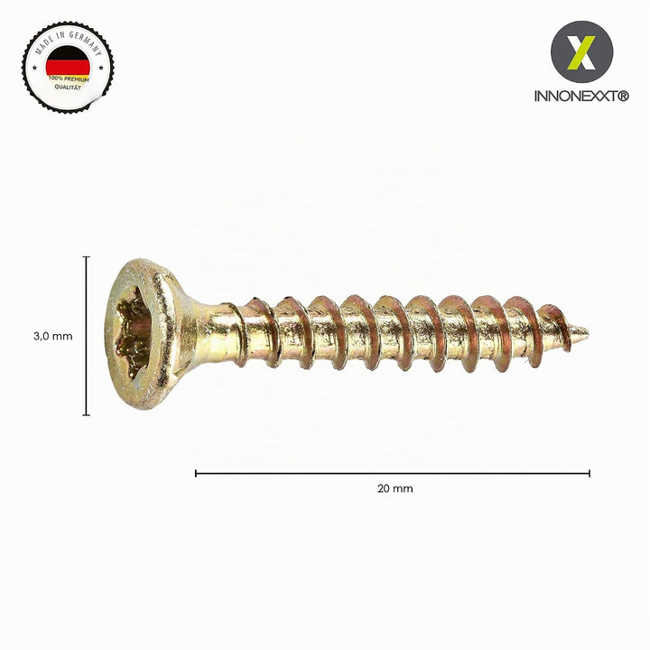 INNONEXXT® Premium Spanplattenschrauben | 3,0 x 20 mm | Fräsrippen | Cut-Spitze | Terrassenschrauben