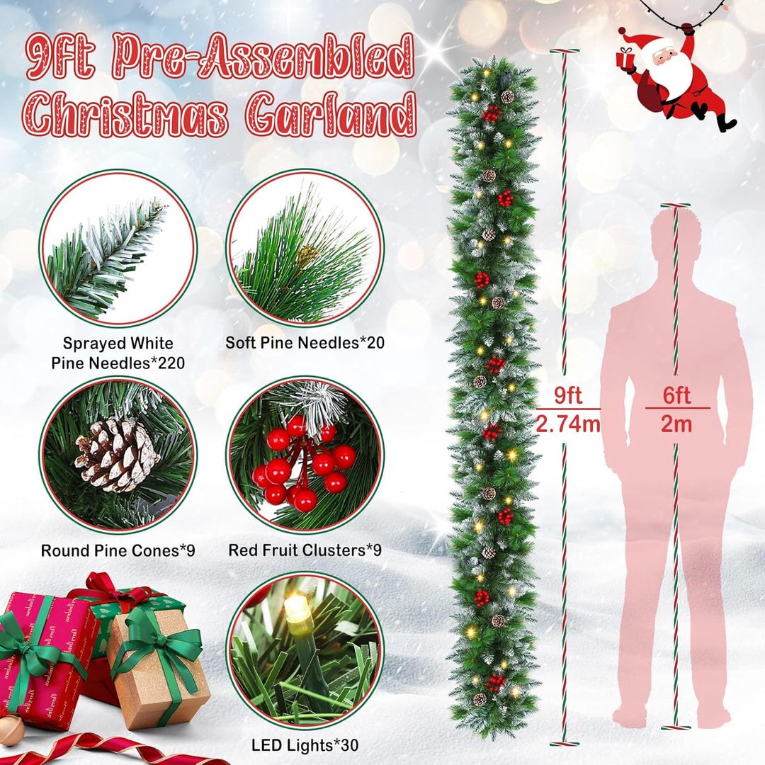 SHAVINGFUN Weihnachtsgirlande,2.7M/9Ft Weihnachtsgirlande Vorbeleuchteter Künstlicher weihnachtsgirl