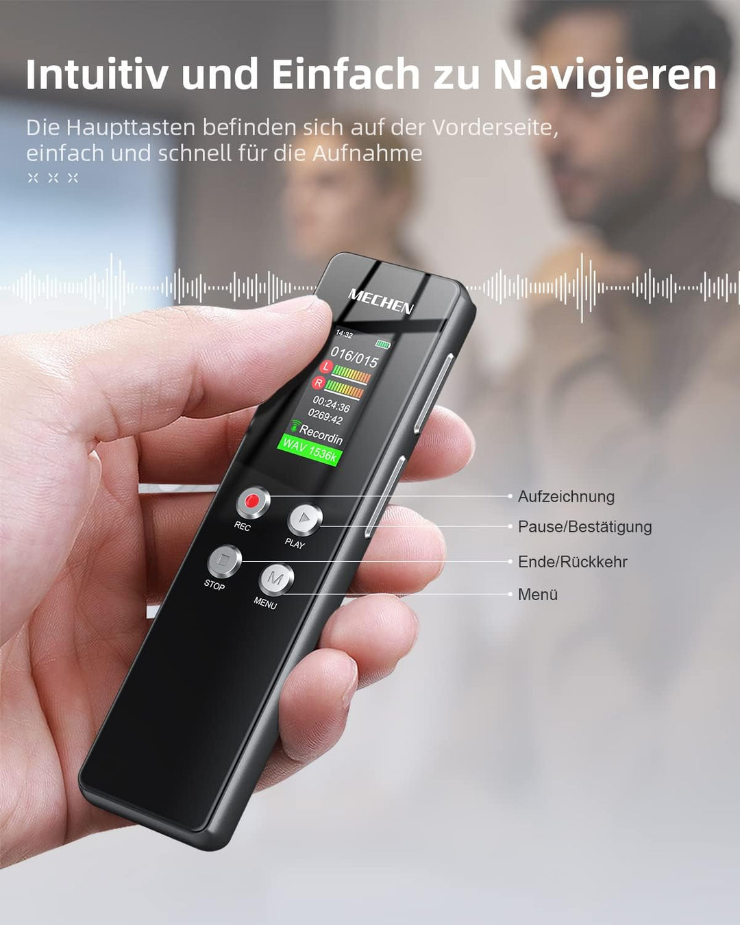 MECHEN 64GB Diktiergerät, EIN-klick HD-Aufnahme (1536kbps), VOR Sprachrekorder, Autom. Rauschunterdr
